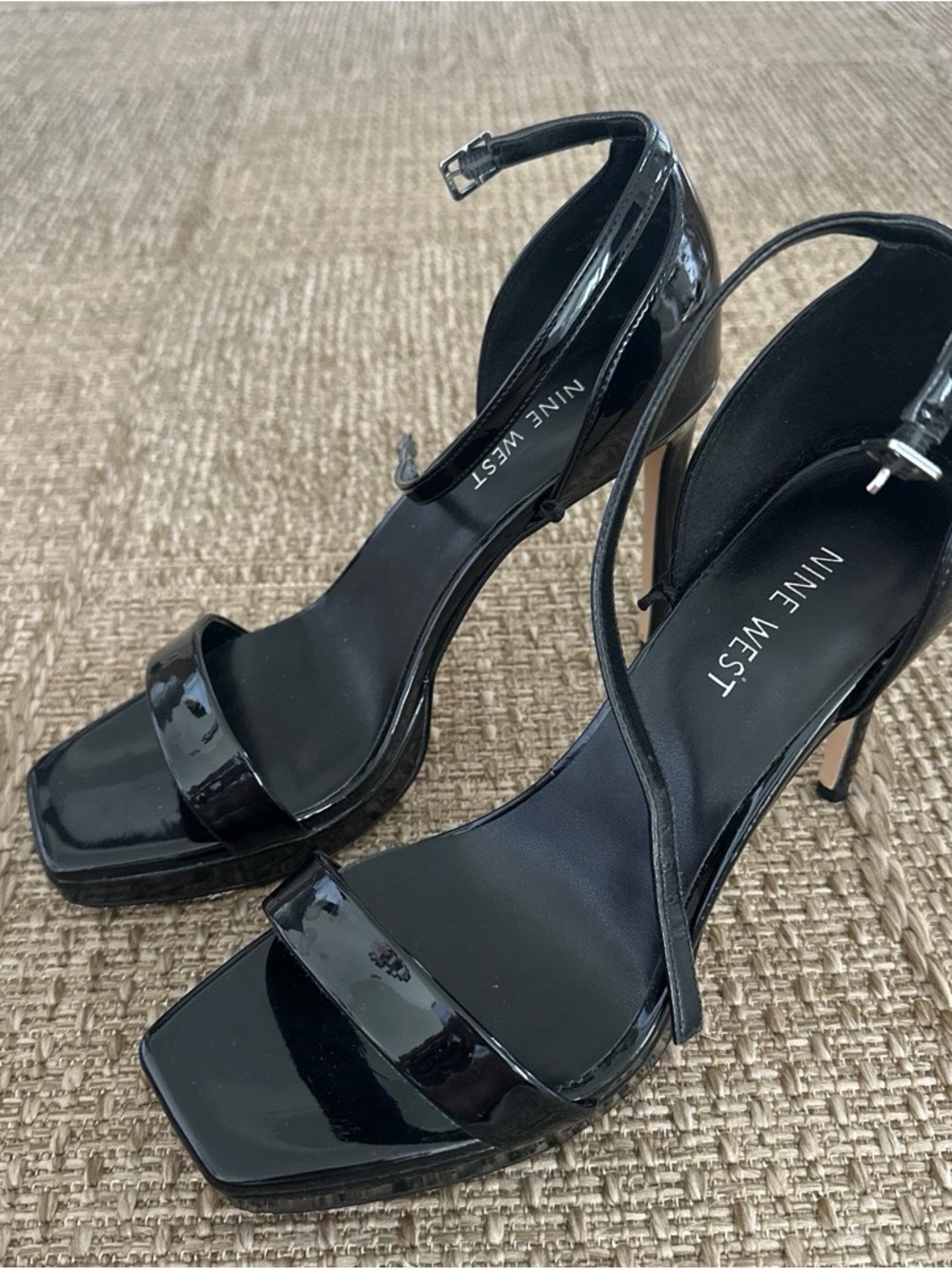 Nine West Black Patent Square-Toe Ankle-Strap Heels